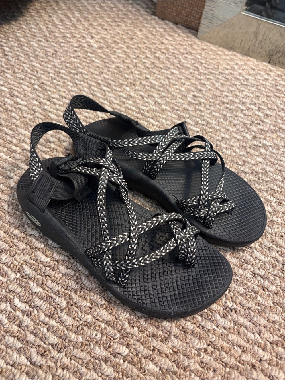 Chaco Black Sandals with White-Patterned Straps - Women